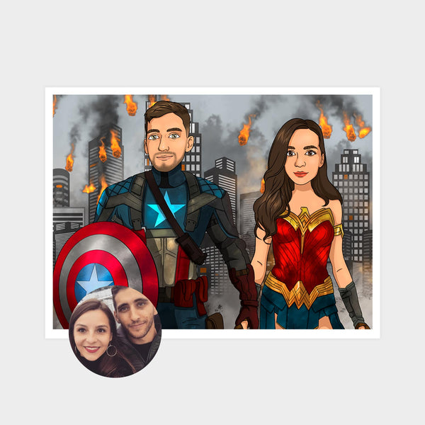 🎨 Customized Captain America Caricature with Wonder Woman from a Photo -  the Perfect Personalized Gift